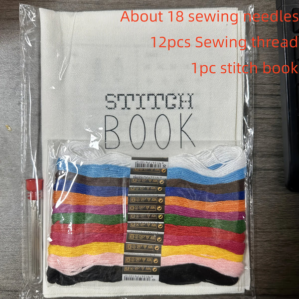 A clear plastic package containing about 18 sewing needles, 12 pieces of sewing thread in various colors, and one stitch book