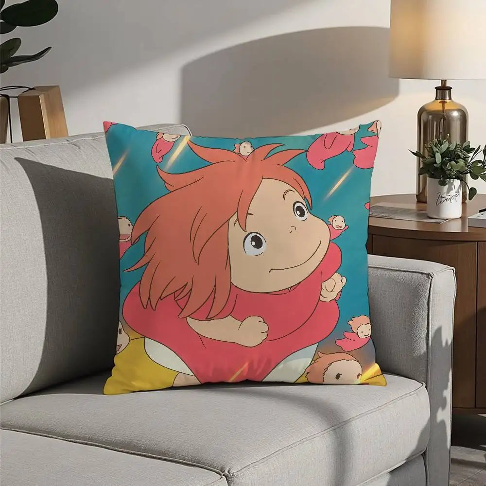 A decorative pillow cover featuring a cartoon character with bright orange hair and pink clothing.