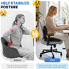 Before and after comparison showing the effect of an ergonomic memory foam lumbar support cushion on posture.