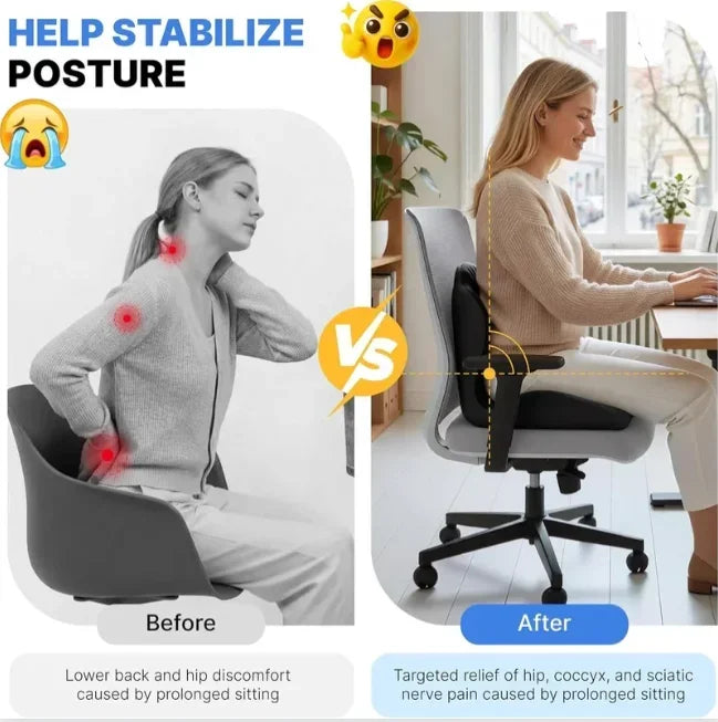 Before and after comparison showing the effect of an ergonomic memory foam lumbar support cushion on posture.