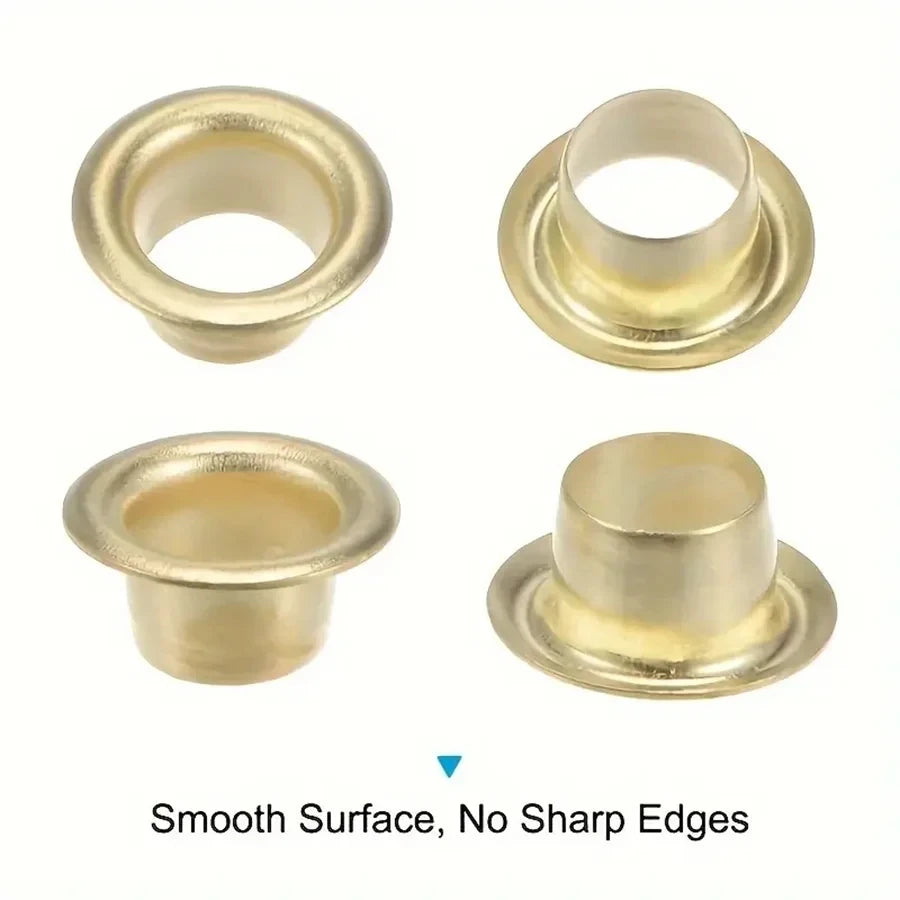 A set of brass grommet eyelets showing various sizes and finishes for punching holes.
