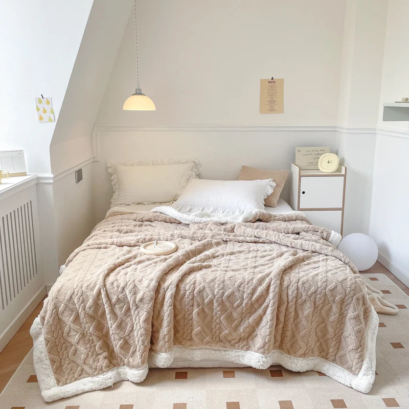 A beige thick fleece blanket is spread across a bed in a bright room.