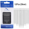 A package containing 12 pieces of silver self-threading sewing needles with different sizes.