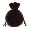 A dark brown velvet drawstring gift bag shaped like a gourd.