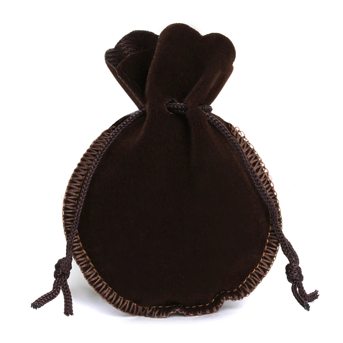 A dark brown velvet drawstring gift bag shaped like a gourd.