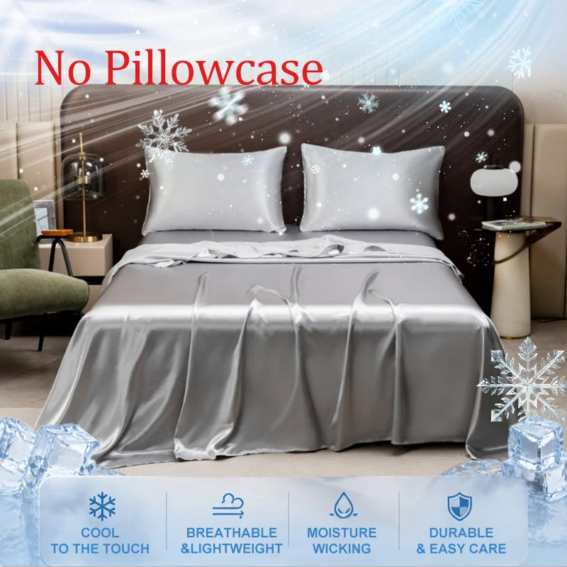 A silver bed sheet and pillows are displayed on a bed, with text highlighting features like cool to the touch, breathable, mo