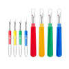 A set of colorful seam ripper and thread cutter tools in red, yellow, green, and blue.