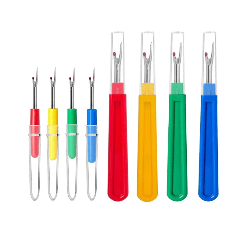A set of colorful seam ripper and thread cutter tools in red, yellow, green, and blue.