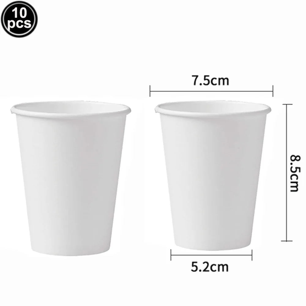 Ten white paper cups with a 7.5cm height and 5.2cm diameter.