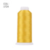 A gold colored bulk roll of premium polyester embroidery thread is shown with a white cap.