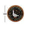 A circular embroidery patch featuring a white goose and the text CERTIFIED SILLY GOOSE