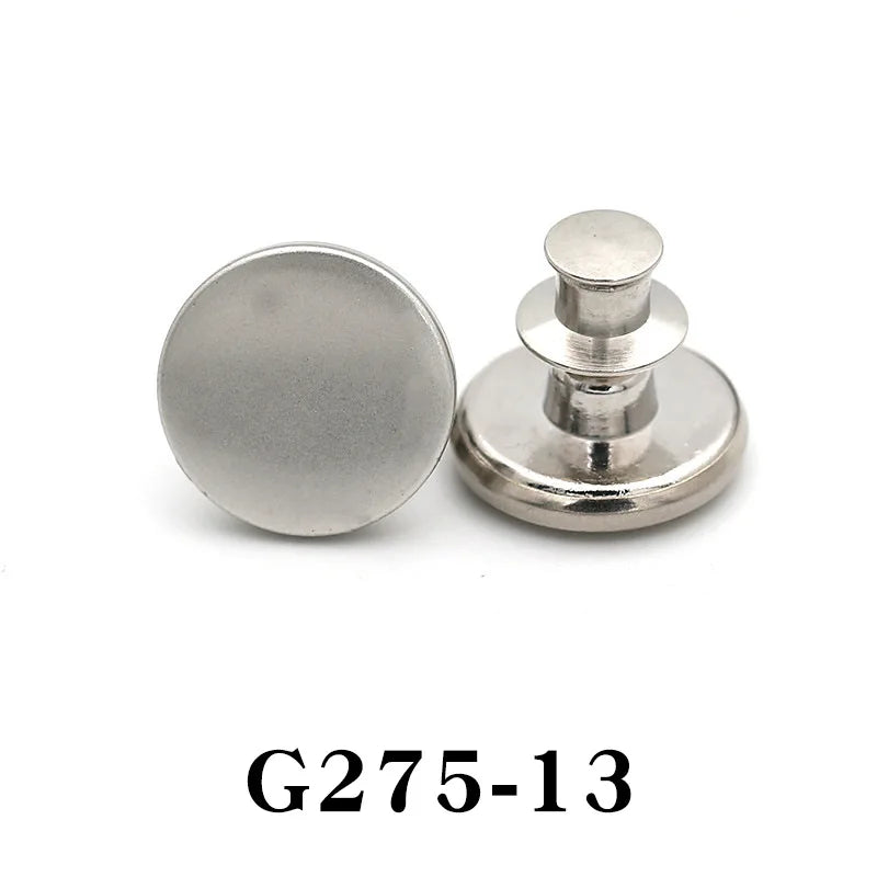 Silver adjustable button pin with a round top and a cylindrical post.