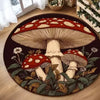 A round rug featuring a detailed, earthy pattern of various mushrooms and foliage.
