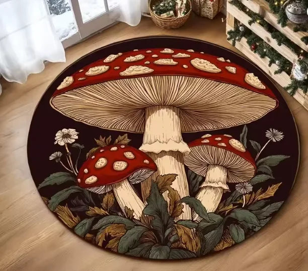 A round rug featuring a detailed, earthy pattern of various mushrooms and foliage.