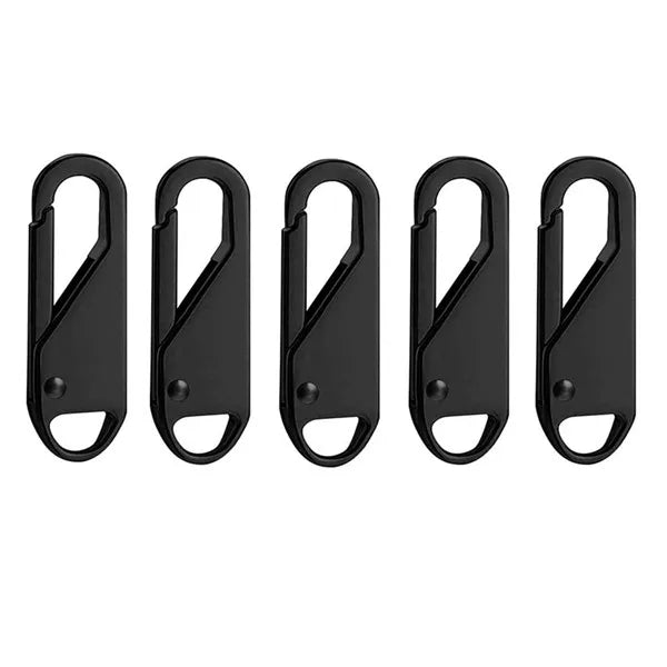 Five black detachable metal zipper puller repair kits displayed side by side.
