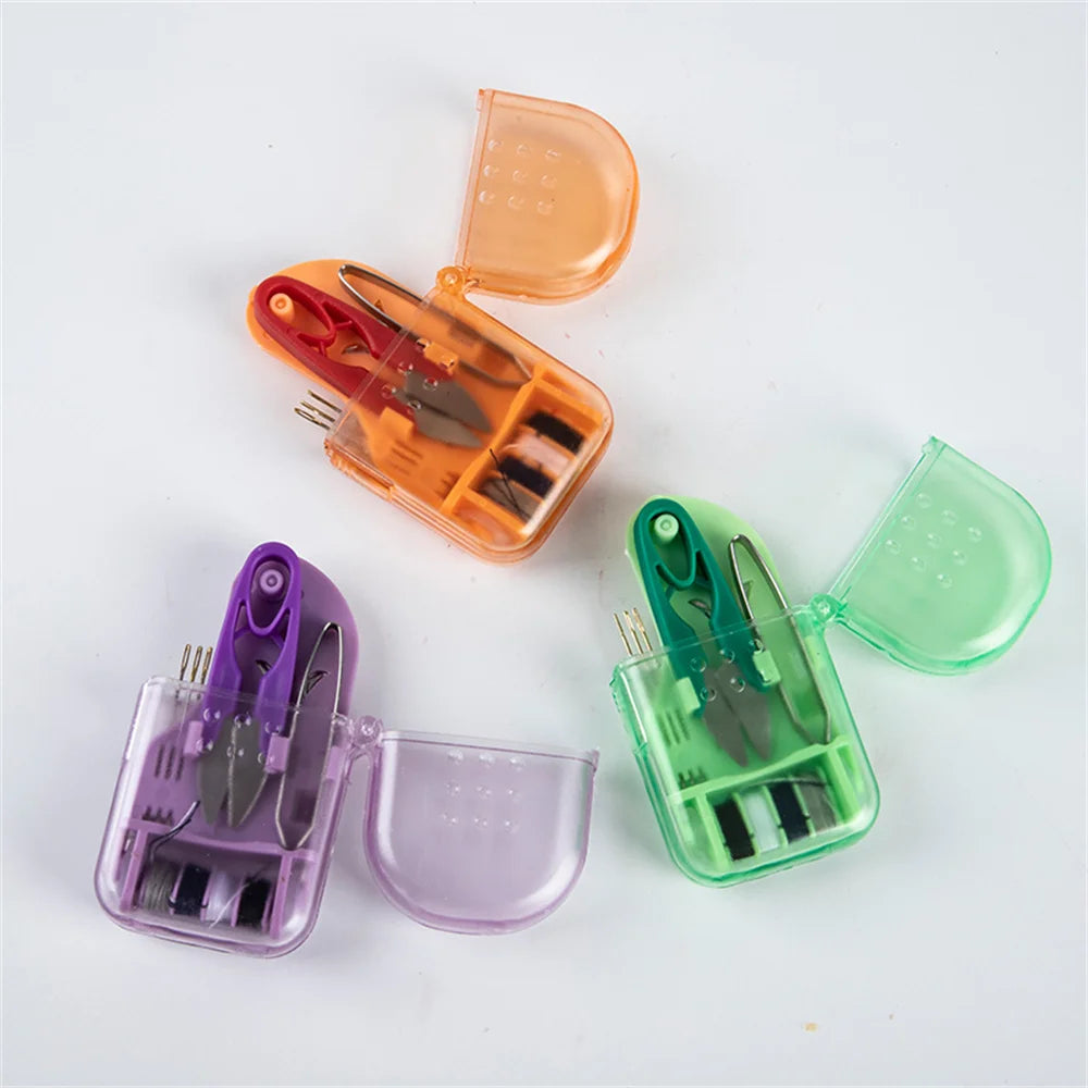 A collection of portable sewing kits in various colors including orange, pink, and green, showing scissors and needles.