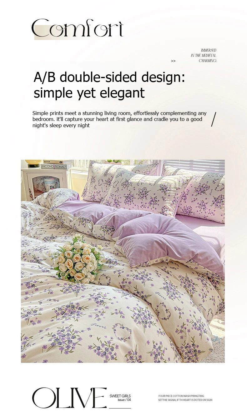 A double-sided floral printed bedding set in soft lavender and cream tones.