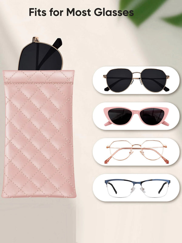 Pink quilted PU leather multifunctional eyewear and phone case with a black sunglasses cover.