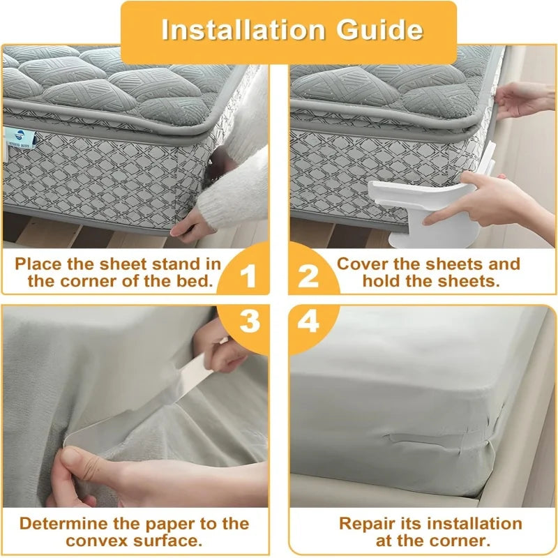 Installation guide showing steps to place, cover, and repair heavy duty bed corner sheet grippers.