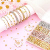 A display of various gold and silver acrylic beads, including bracelets and earrings, arranged in small compartments.