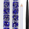 A clear plastic container holds various shades of blue and silver crystal rhinestones for crafting or jewelry making.