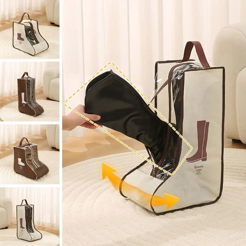 A set of boot storage bags with clear windows and carry handles shown in various angles on a white rug.
