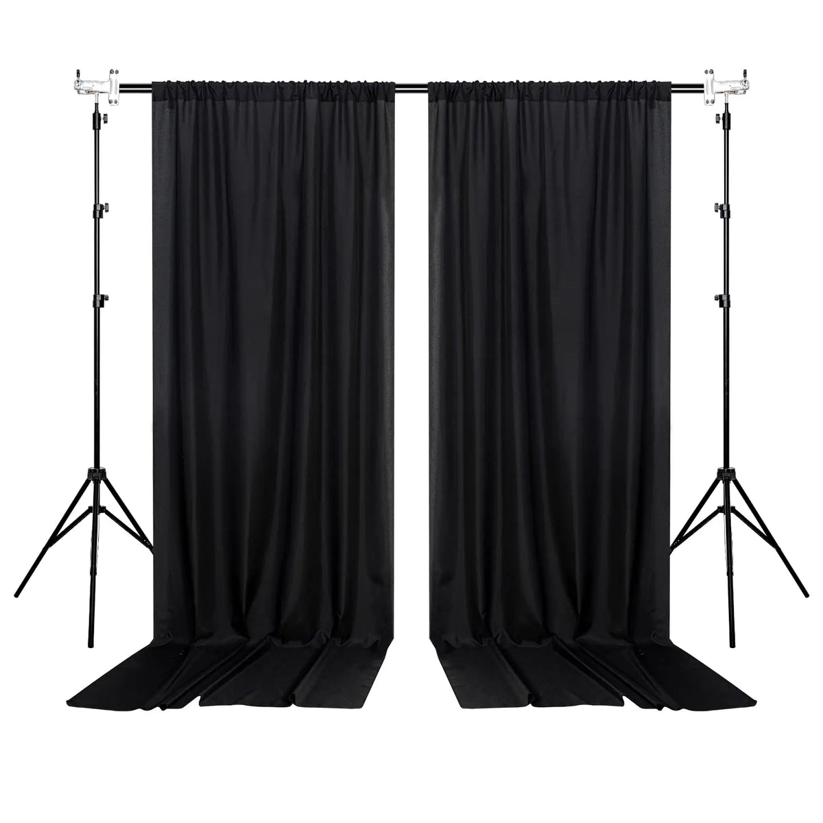 Elegant black curtain panel hanging on a rod for party backdrops and events