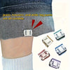 Various clear and colored invisible hem shortening clips shown on denim fabric.