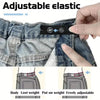 Close-up of adjustable elastic on denim fabric showing how to put on weight and freely adjust the belt.