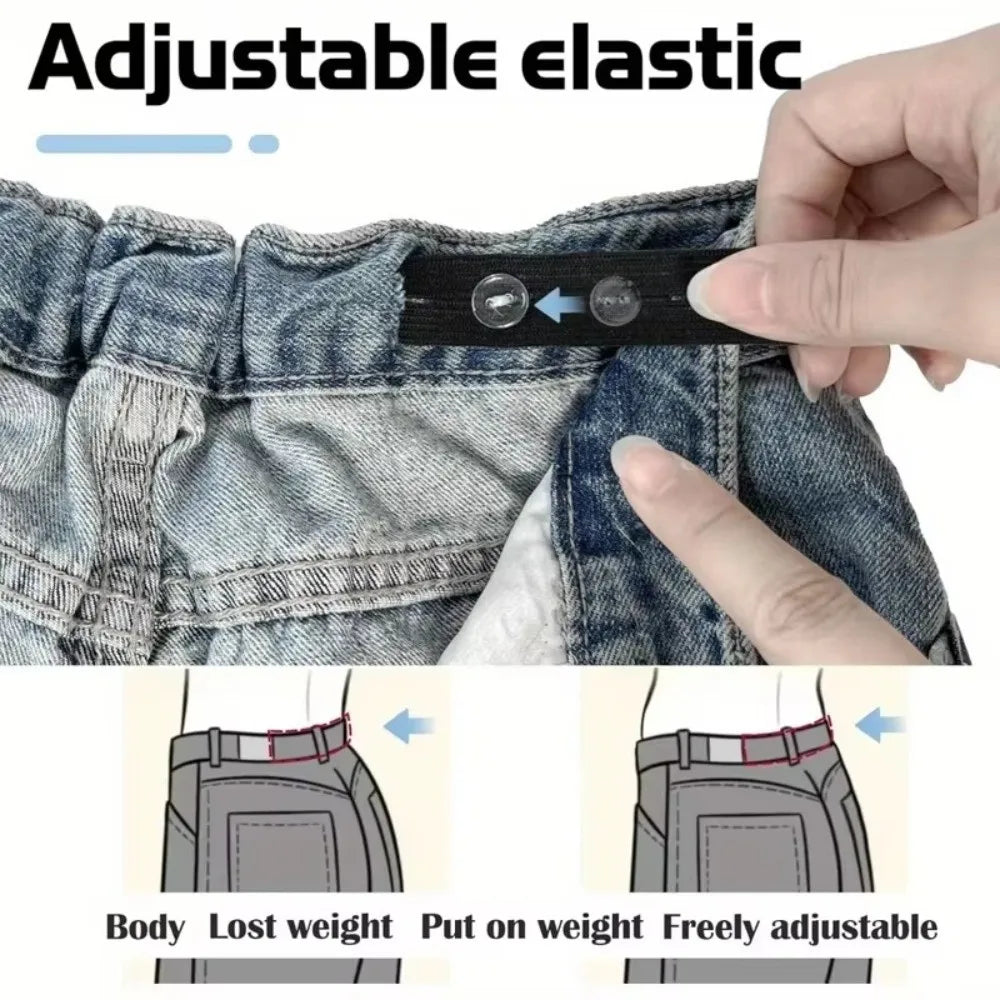 Close-up of adjustable elastic on denim fabric showing how to put on weight and freely adjust the belt.