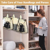 A woman is organizing handbags and purses in a wooden cabinet using dustproof storage bags.