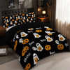 A black duvet cover set featuring an all-over pattern of white and orange ghosts and pumpkins.