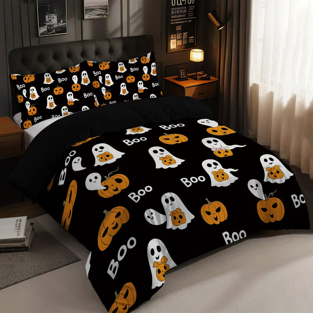 A black duvet cover set featuring an all-over pattern of white and orange ghosts and pumpkins.