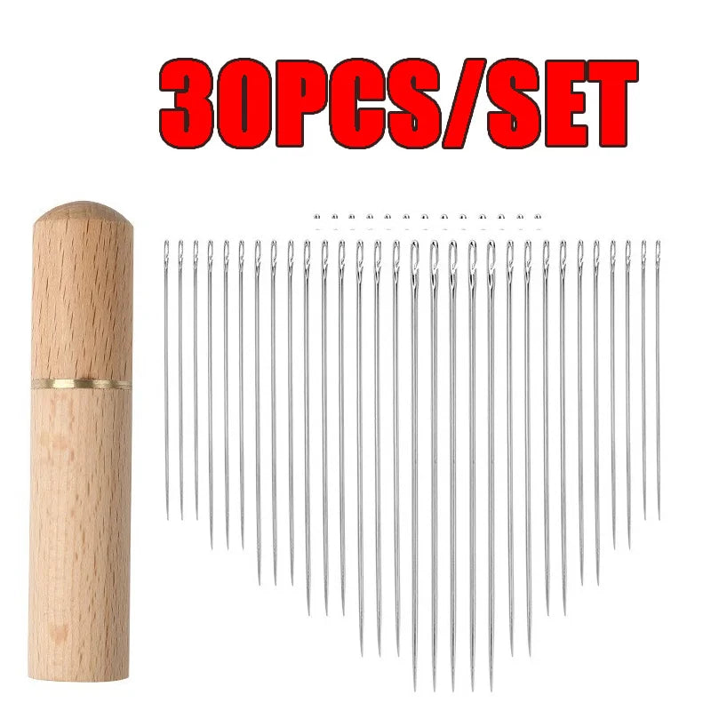 A set of 30 stainless steel blind sewing needles packaged in a red and white box.