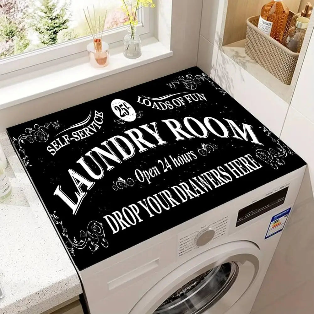 A close-up view of a white laundry room appliance with a black label that reads Laundry Room Self-Service Laundry Room.