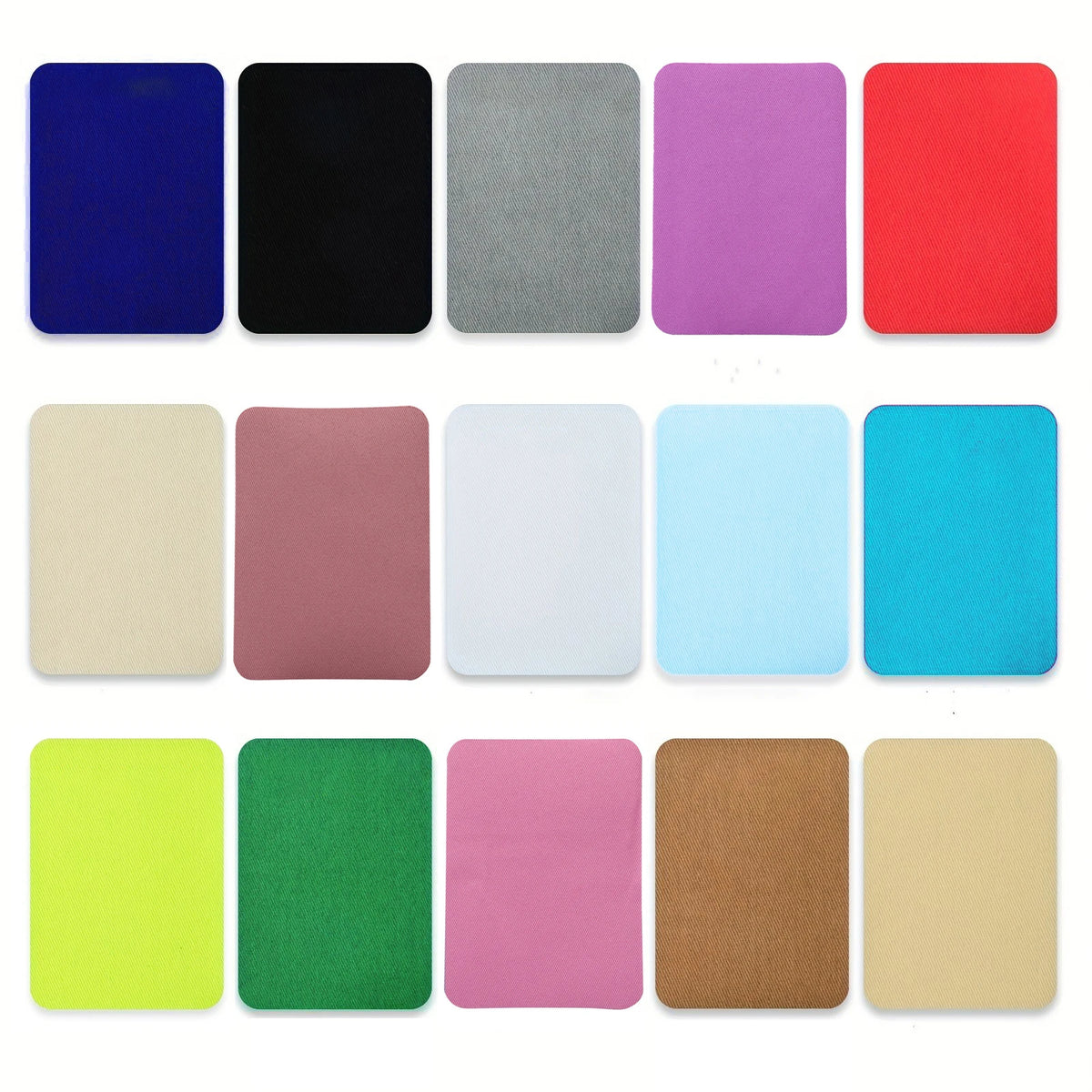 A collection of colorful fabric iron-on patches in various shades including blue, black, gray, purple, red, beige, and green.