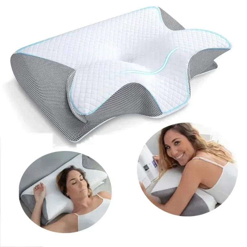 A white memory foam contour pillow shaped like a butterfly is shown next to a woman using it for neck pain relief.