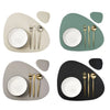 Set of reusable vinyl placemats featuring a light beige and dark green color palette with white plates and cutlery.