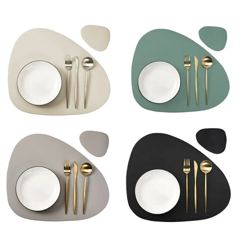 Set of reusable vinyl placemats featuring a light beige and dark green color palette with white plates and cutlery.