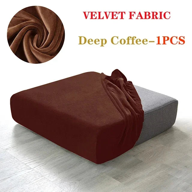 Deep coffee velvet fabric sofa seat covers shown on a gray sofa cushion.