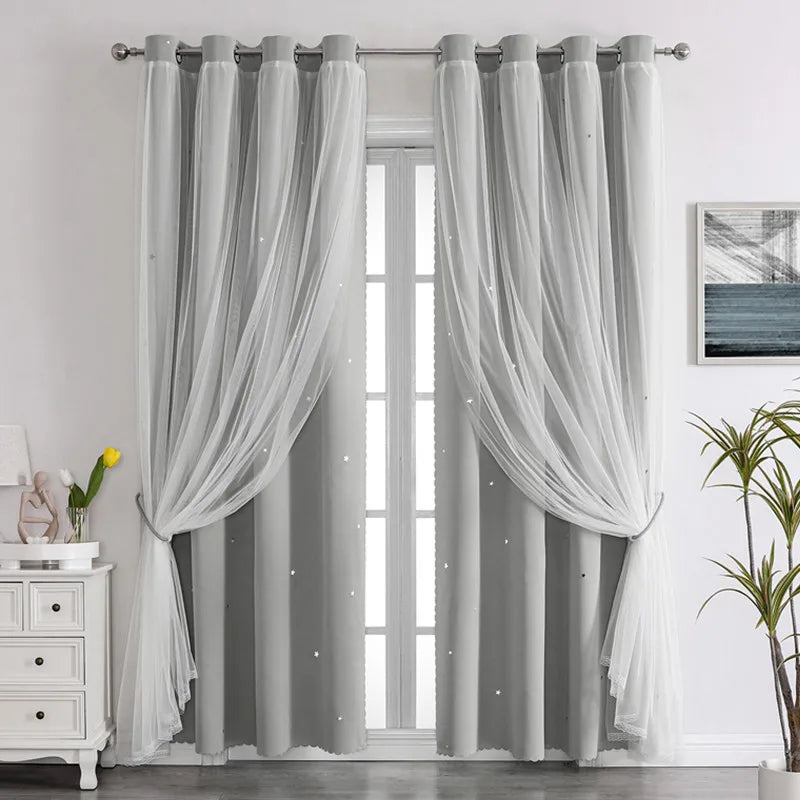 Gray double-layer decorative curtains hanging in a window frame.
