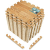 A stack of interlocking wood grain foam floor mats with a wooden slat design and a small sign indicating 16 tiles per unit.
