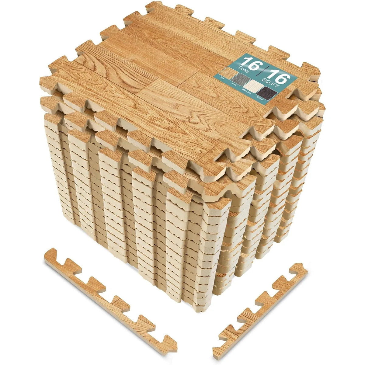 A stack of interlocking wood grain foam floor mats with a wooden slat design and a small sign indicating 16 tiles per unit.