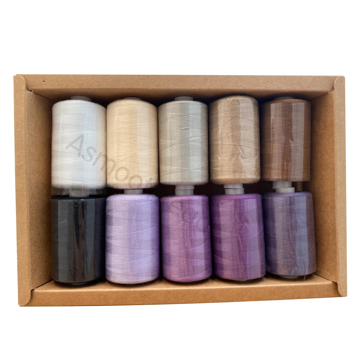 A box containing five spools of 10-color polyester sewing thread in various shades of beige and purple.