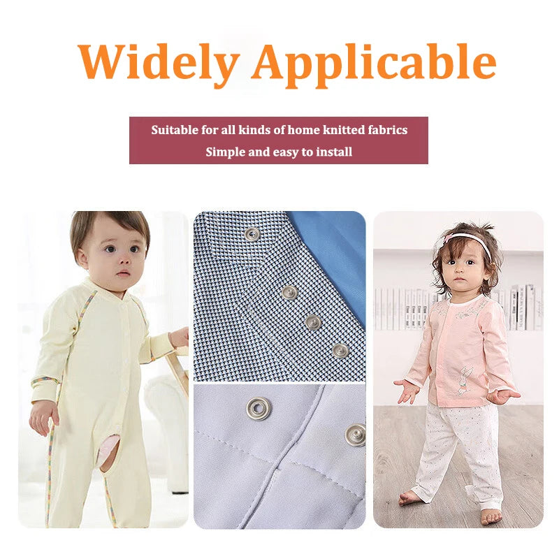 A kit for DIY sewing featuring metal and plastic snap buttons used on knitted fabrics.