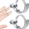 Silver adjustable crochet tension rings for knitting shown on a hand.