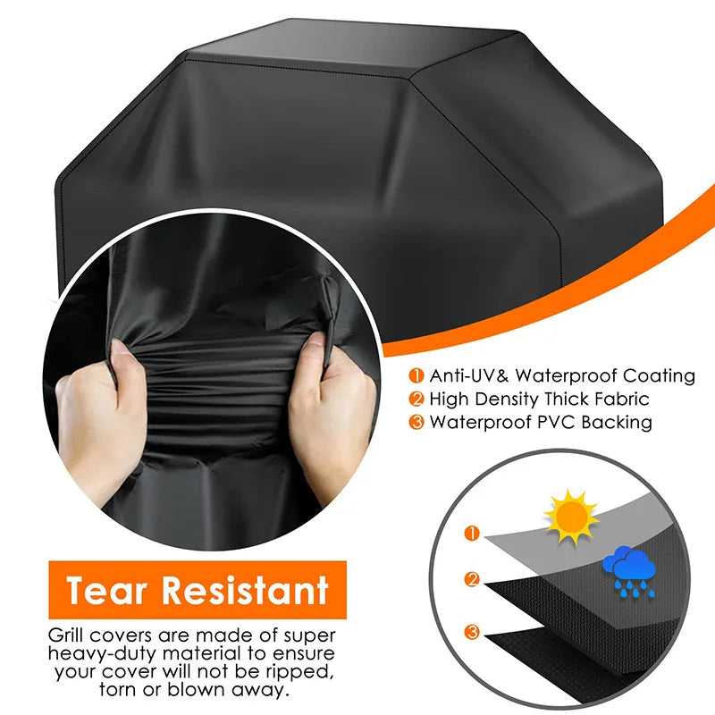 Black heavy-duty grill cover with anti-UV and waterproof coating featuring a tear-resistant fabric.
