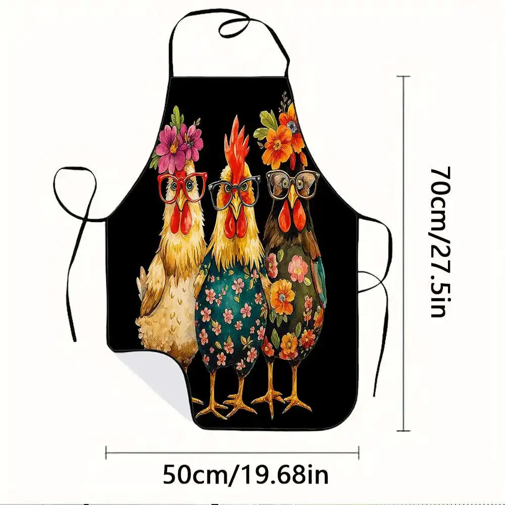 Black apron featuring a funny chicken print with floral accents and glasses