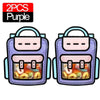 Two purple cartoon goodie bags filled with colorful candies and treats