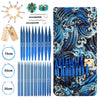 Aluminum circular needle set with various sizes and a storage case featuring blue and white swirling patterns